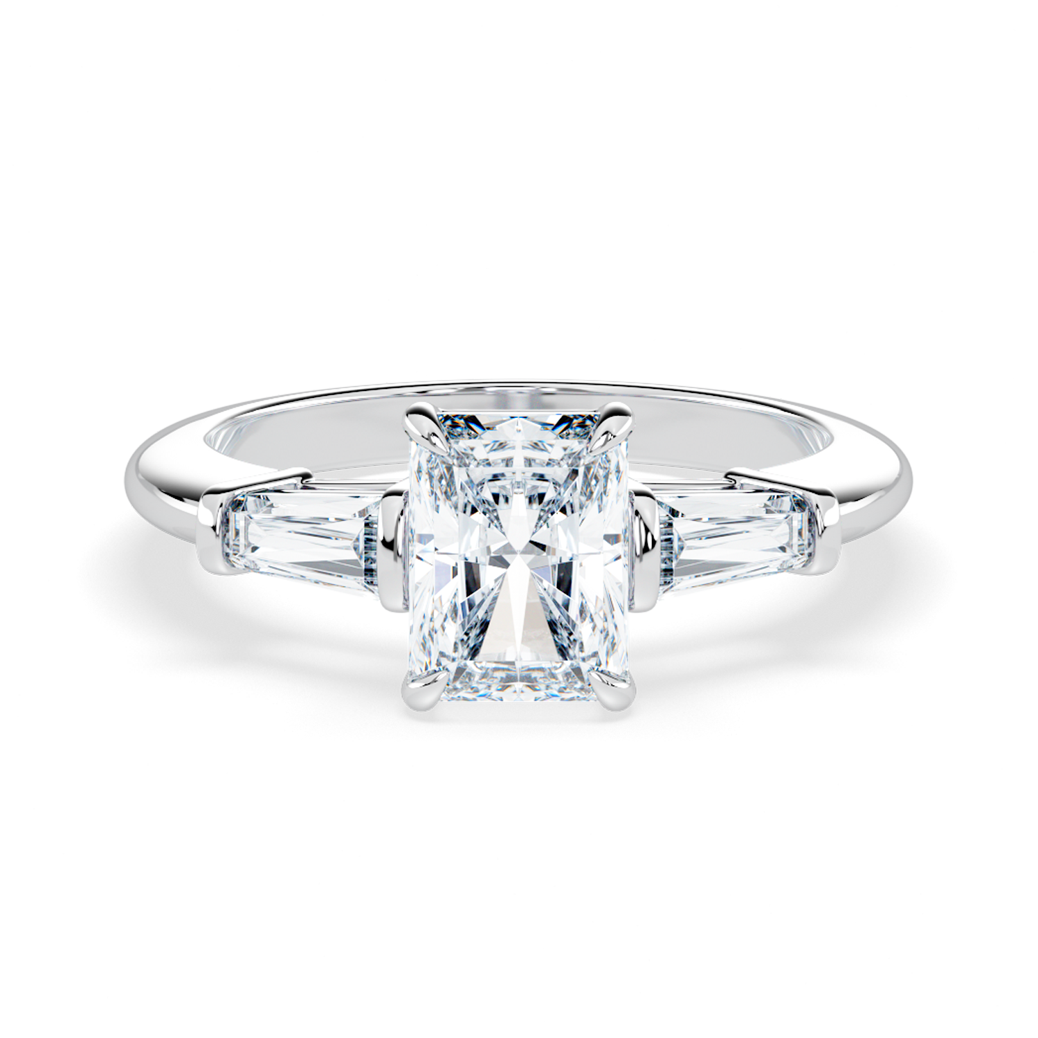 The Rhea - Tapered Baguette Three Stone Engagement Ring - Radiant