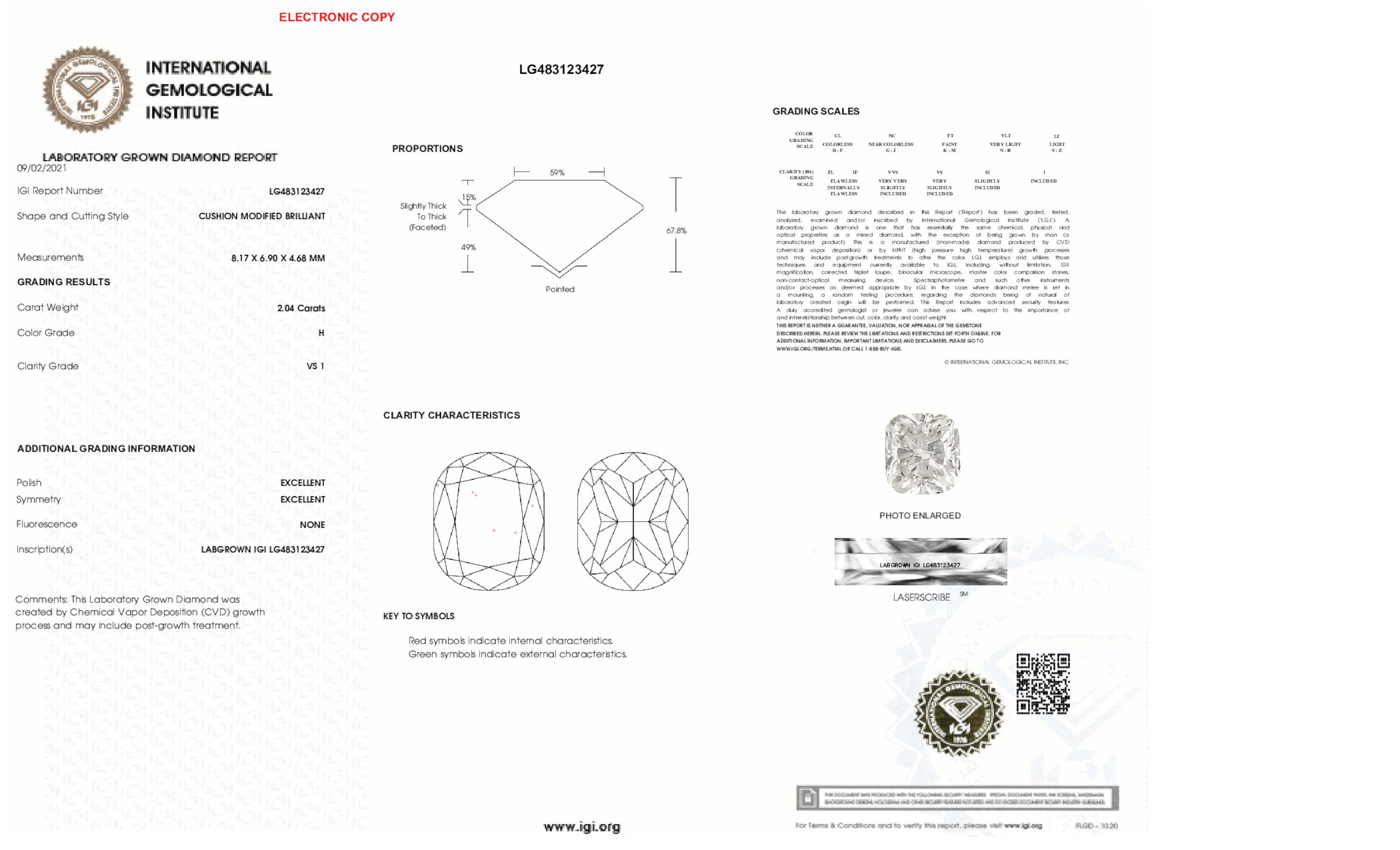 2.04 ct H VS1 Cushion cut Diamond