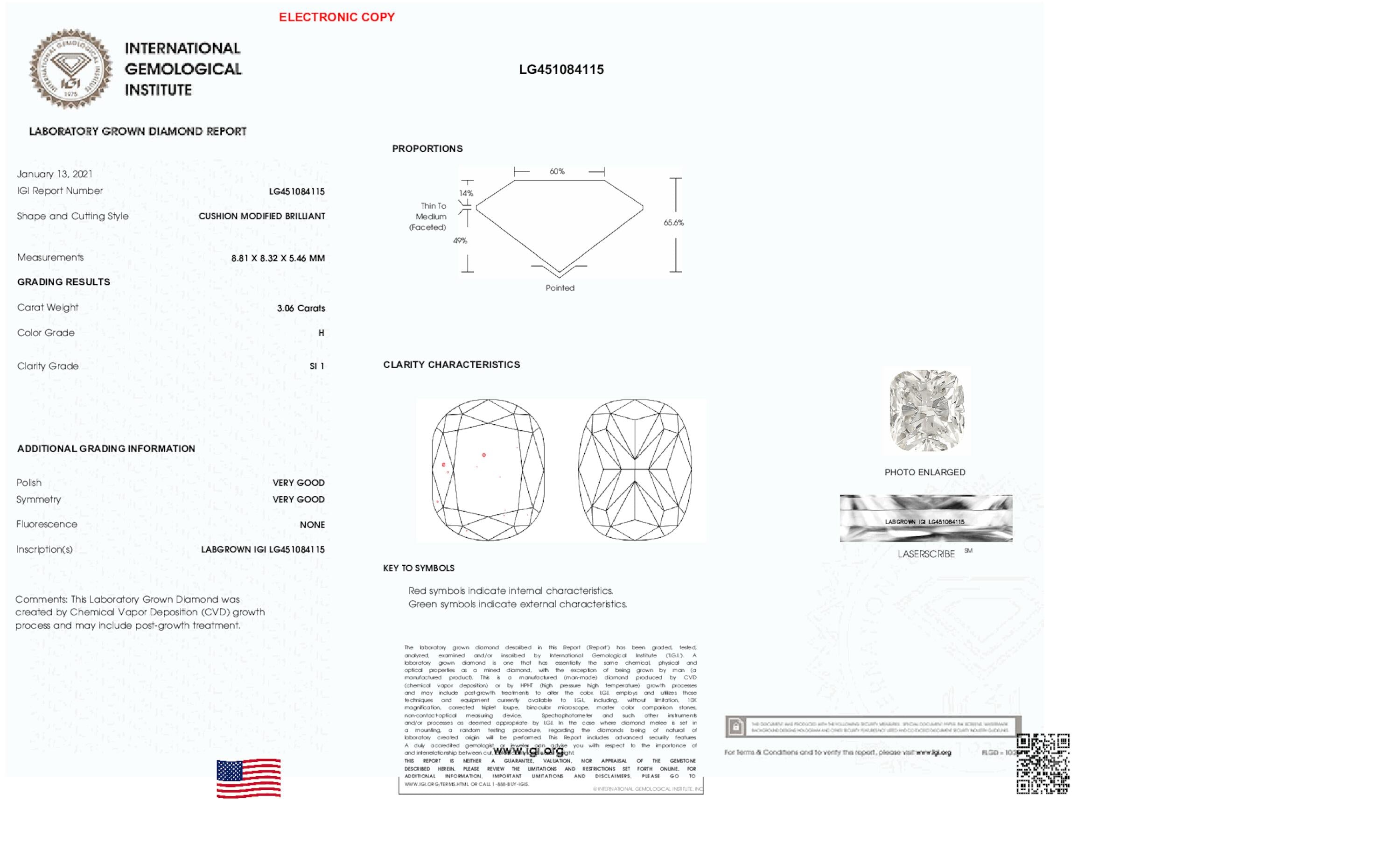 3.06 ct H SI1 Cushion cut Diamond