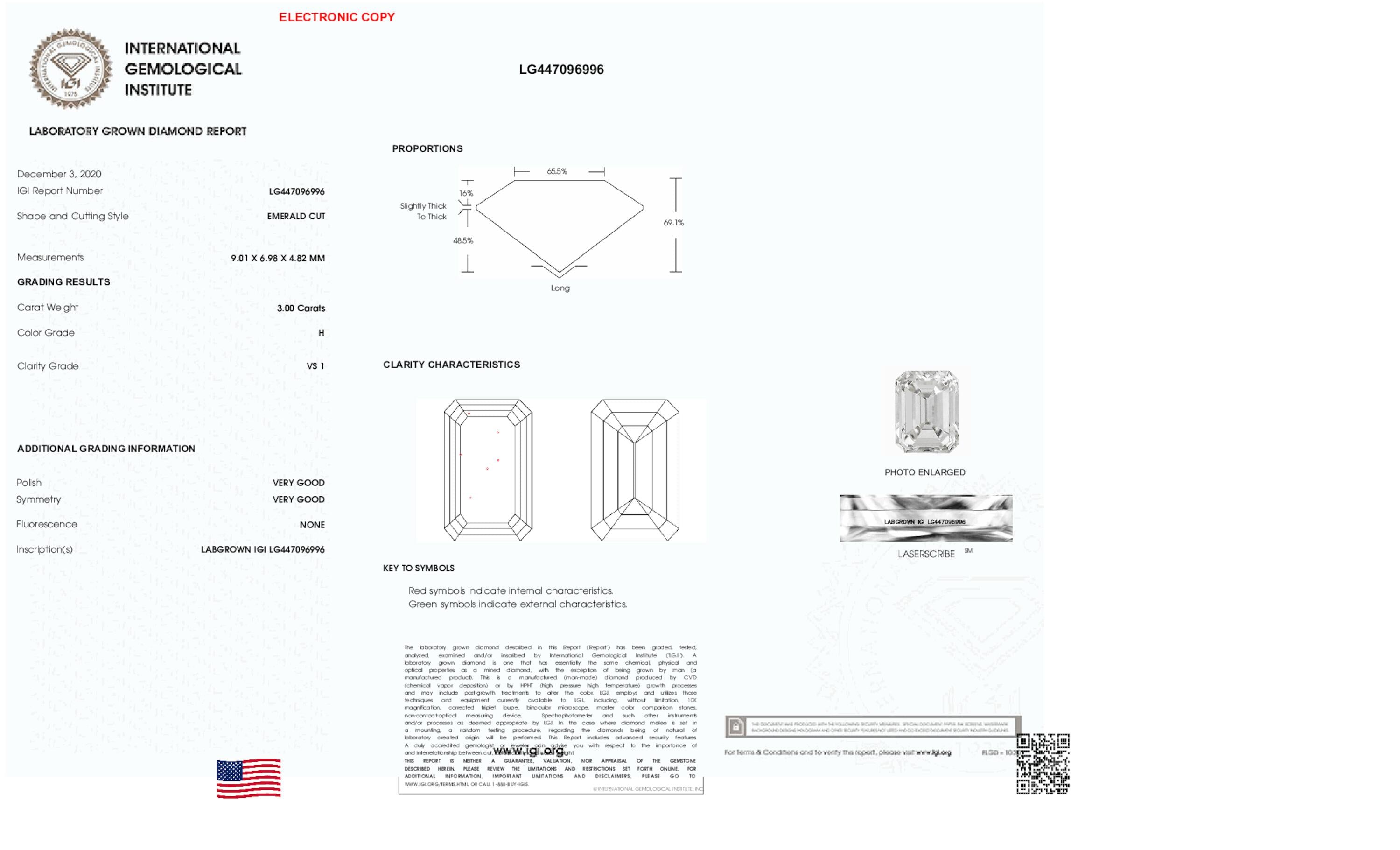 3 ct H VS1 Diamante talla esmeralda 