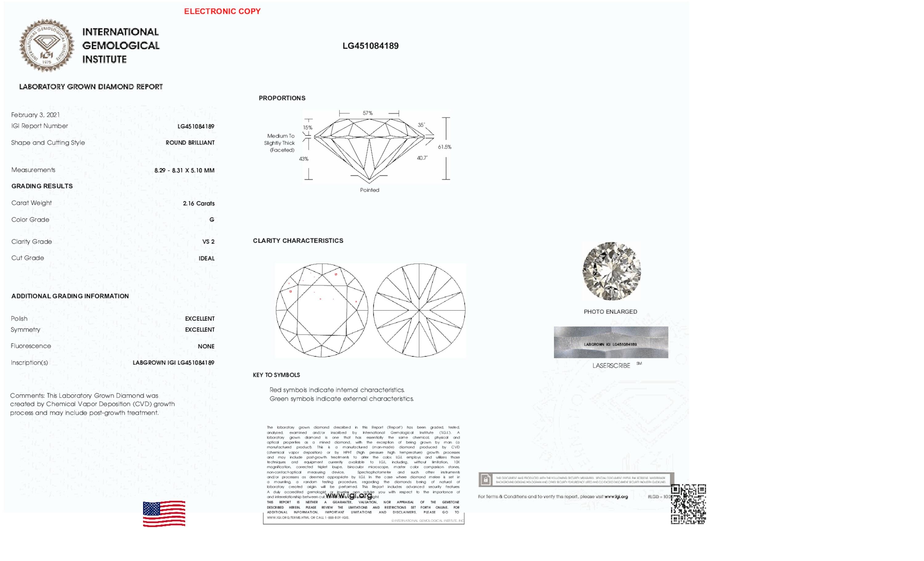 2.16 ct G VS2 Round cut Diamond